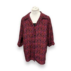 JMS Just My Size Womens Button-Up Blouse 2X 18W-20W Red & Pink Damask 100% Polye